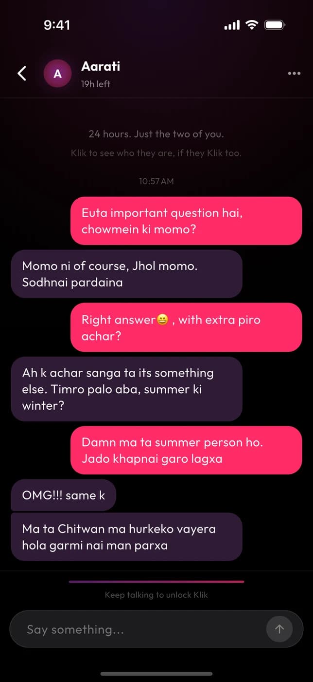 An anonymous Blind Date chat: just a first name, 24 hours, and talking to unlock Klik