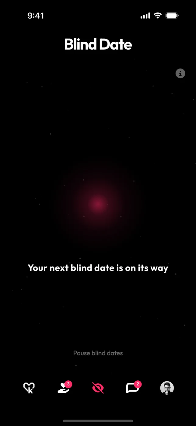 The Blind Date screen in the Klik app, waiting for a match
