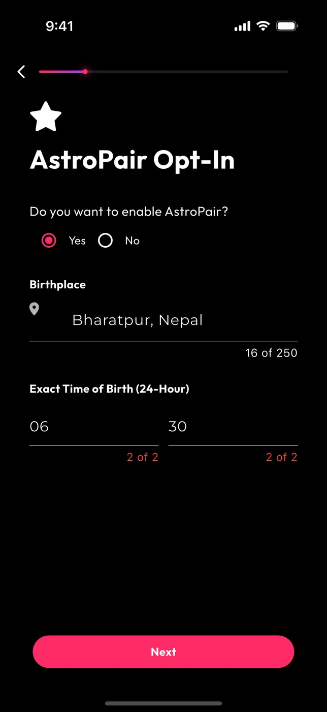 Entering birthplace and time of birth for AstroPair