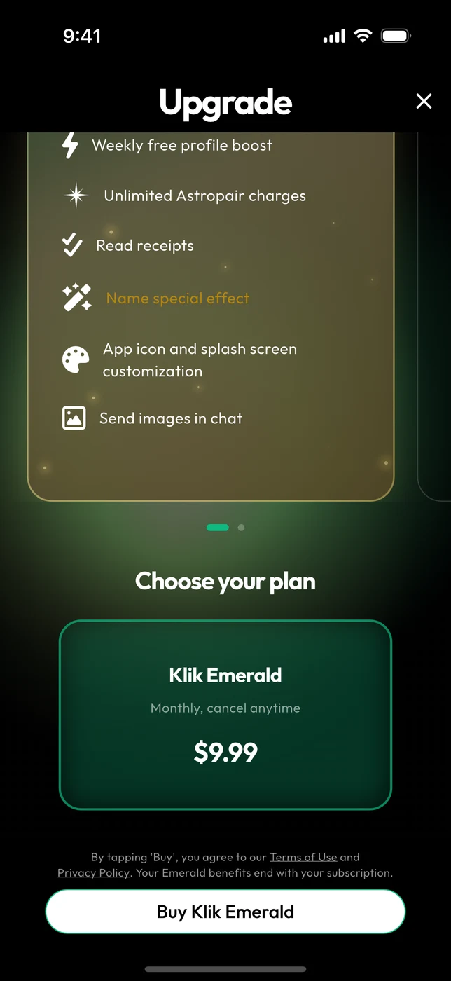 Choosing the Klik Emerald plan in the app