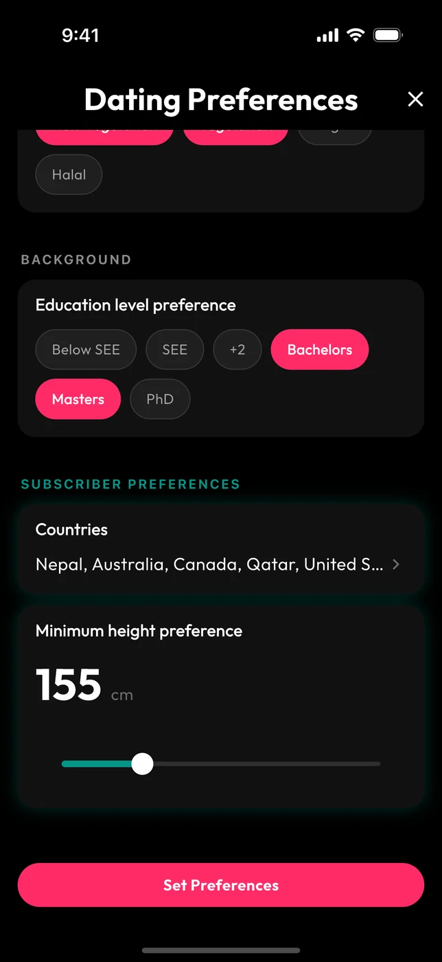 Klik Diamond preferences: countries and minimum height